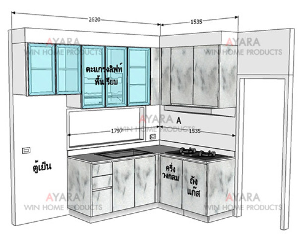 ชุดครัว Built-in โครงซีเมนต์บอร์ด หน้าบาน Melamine สี White Marble - ม.The Plant 6
