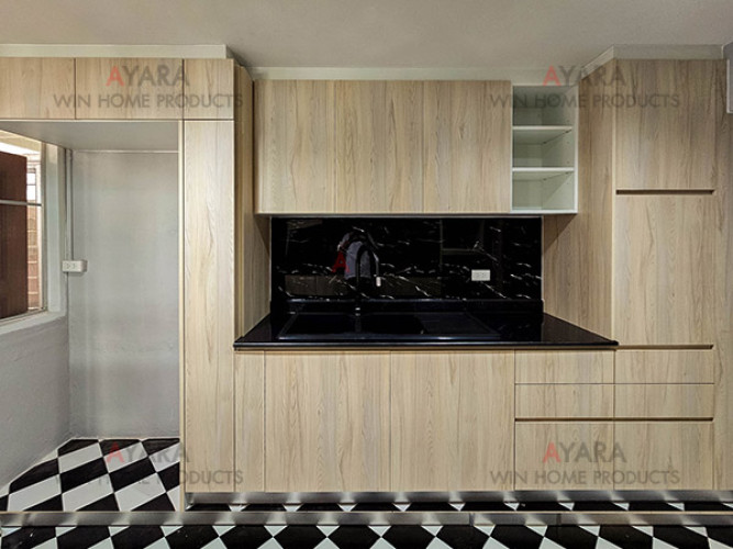 ชุดครัว Built-in โครงซีเมนต์บอร์ด หน้าบาน Laminate สีลายไม้ 1