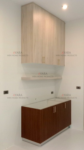 ชุดครัว Built-in โครงซีเมนต์บอร์ด หน้าบาน Laminate สี Cana Walnut + Kitami Ruster 1