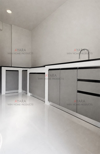 ชุดครัว Built-in โครงซีเมนต์บอร์ด หน้าบาน Laminate สี Gothic Grey - ม.Centro