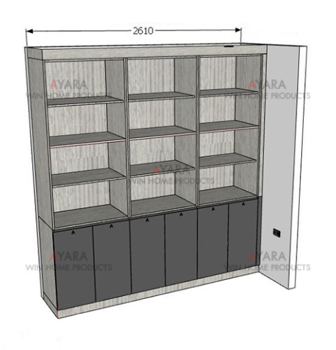 ตู้หนังสือ Built-in โครงปาติเกิล กันชื้น เคลือบ Melamine สี Grey Teak + เทาเข้ม 1