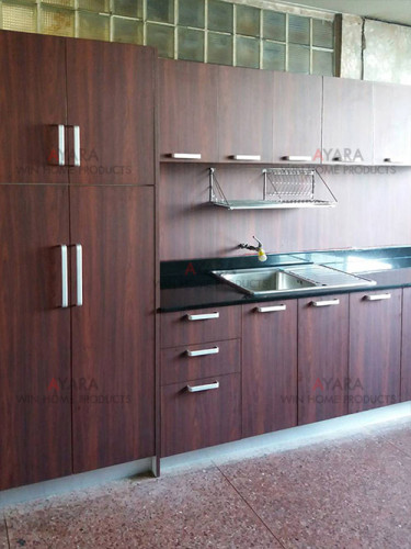 ชุดครัว Built-in ตู้ล่าง โครงซีเมนต์บอร์ด หน้าบาน Laminate สี Acajou Mahogny ลายไม้ 1