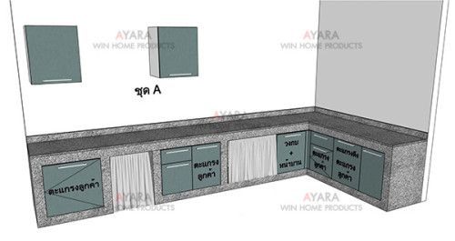 ชุดครัว Built-in โครงซีเมนต์บอร์ด หน้าบาน Melamine สีฟ้า 4