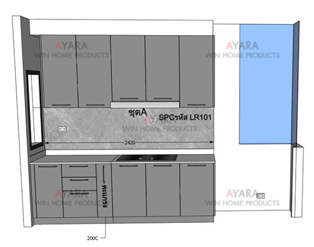 ชุดครัว Built-in โครงซีเมนต์บอร์ด หน้าบาน Melamine สีเทา ผิวส้ม 3