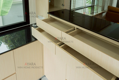 ชุดครัว Built-in โครงซีเมนต์บอร์ด หน้าบาน Melamine สี Ash ลายไม้ 6