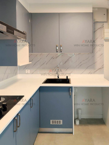 ชุดครัว Built-in โครงซีเมนต์บอร์ด หน้าบาน Melamine สีฟ้า - ม.Inizio 2