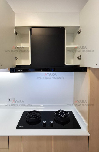 ชุดครัว Built-in โครงซีเมนต์บอร์ด หน้าบาน Melamine สี Maple + ขาวเงา - ม.Villaggio 3