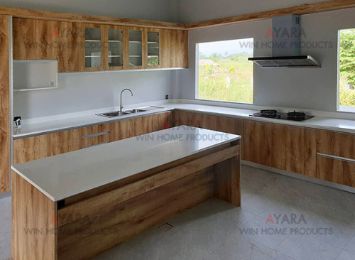 ชุดครัว Built-in ตู้ล่าง โครงซีเมนต์บอร์ด หน้าบาน Melamine สี Pine ลายไม้