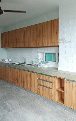 ชุดครัว Built-in ตู้ล่าง โครงซีเมนต์บอร์ด หน้าบาน Laminate สีขาวด้าน + Classic Walnut ลายไม้ 6