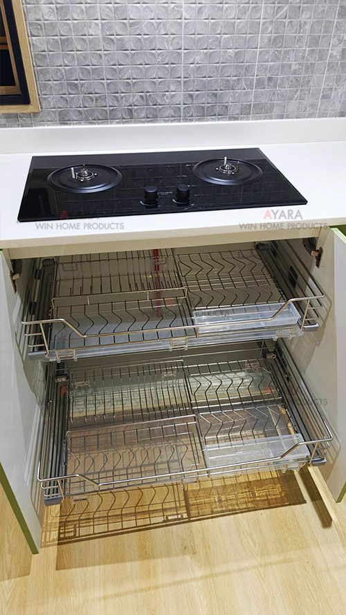 ชุดครัว Built-in โครงซีเมนต์บอร์ด หน้าบาน Hi Gloss สีเขียวด้าน + Laminate สี Coffee Oak 5