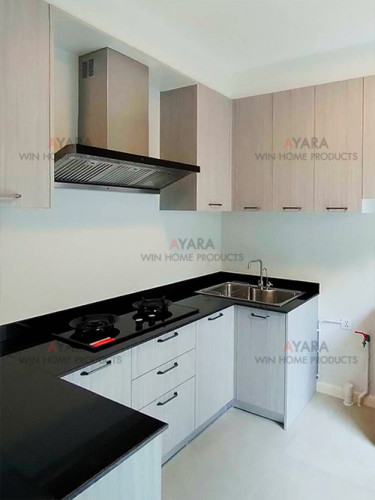 ชุดครัว Built-in โครงซีเมนต์บอร์ด หน้าบาน Melamine สี Grey Teak - ม.Inizio 2