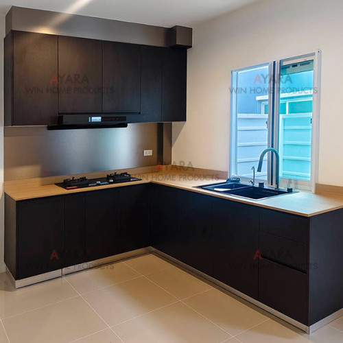 ชุดครัว Built-in โครงซีเมนต์บอร์ด หน้าบาน Melamine สี TNK 5040-12 ลายไม้เข้ม