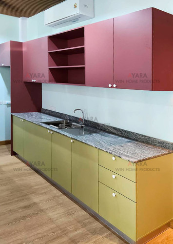 ชุดครัว Built-in โครงซีเมนต์บอร์ด หน้าบาน Melamine สีเขยวอ่อน + แดง