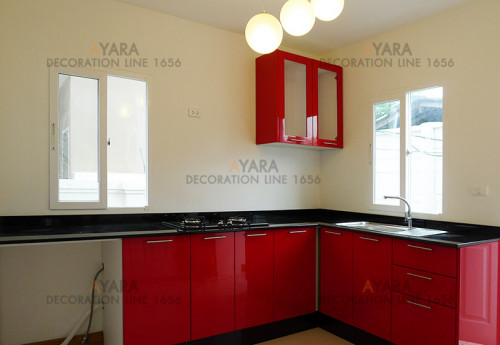 ชุดครัว Built-in ตู้ล่าง โครงซีเมนต์บอร์ด หน้าบาน Hi Gloss สีแดง