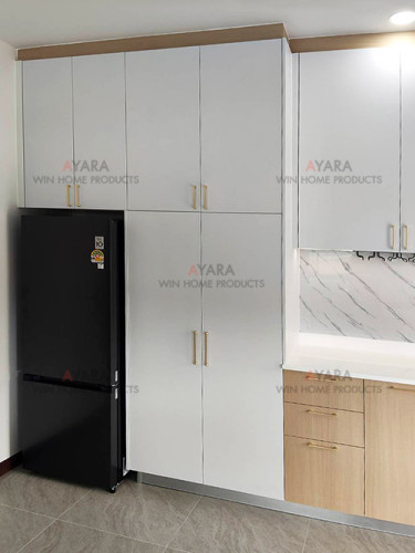 ชุดครัว Built-in โครงซีเมนต์บอร์ด หน้าบาน Laminate สีลายไม้ + ขาวด้าน 8