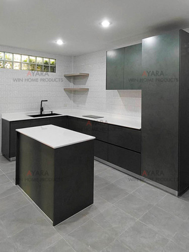 ชุดครัว Built-in โครงซีเมนต์บอร์ด หน้าบาน Melamine สีเขียว