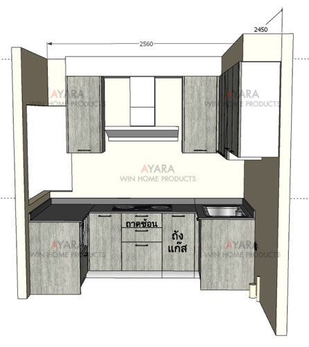 ชุดครัว Built-in โครงซีเมนต์บอร์ด หน้าบาน Melamine สี Grey Teak - ม.Inizio 9