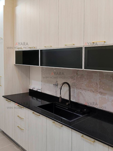 ชุดครัว Built-in โครงซีเมนต์บอร์ด หน้าบาน Melamine สีลายไม้