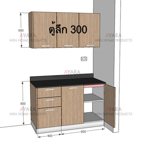 ชุดครัว Built-in ตู้ล่าง หน้าบาน Melamine สี Fineline Oak ลายไม้