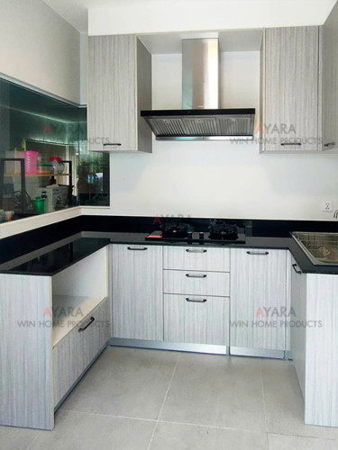 ชุดครัว Built-in โครงซีเมนต์บอร์ด หน้าบาน Melamine สี Grey Teak - ม.Inizio 1