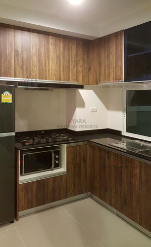 ชุดครัว Built-in ตู้ล่าง โครงซีเมนต์บอร์ด หน้าบาน Melamine สี Loft Golden Oak ลายไม้