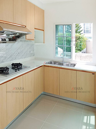 ชุดครัว Built-in โครงซีเมนต์บอร์ด หน้าบาน Laminate สี Mangfall Beech ลายไม้ 1