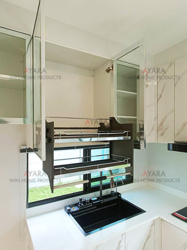 ชุดครัว Built-in โครงซีเมนต์บอร์ด หน้าบาน Melamine สี White Marble - ม.The Plant 4