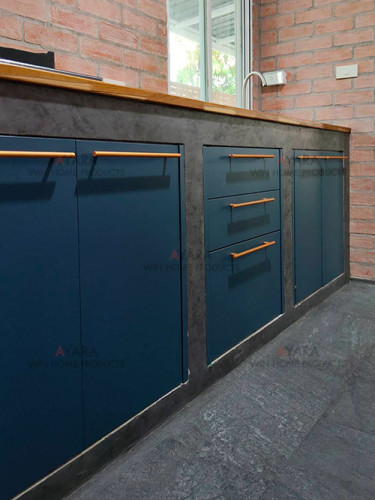 ชุดครัว Built-in โครงซีเมนต์บอร์ด หน้าบาน Melamine สีฟ้า 1