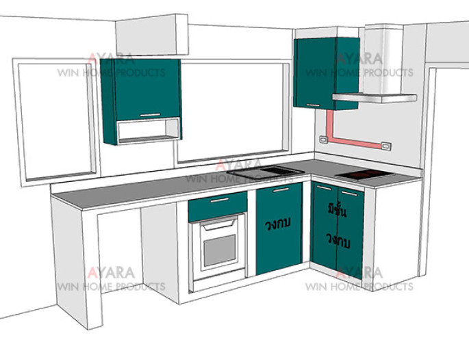 ชุดครัว Built-in วงกบ โครงซีเมนต์บอร์ด หน้าบาน Hi Gloss สีเขียวเงา 5