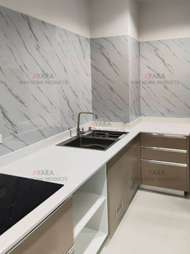 ชุดครัว Built-in โครงซีเมนต์บอร์ด หน้าบาน Laminate สีน้ำตาลด้าน
