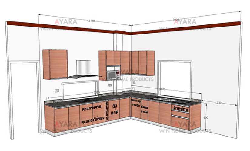 ชุดครัว Built-in ตู้ล่าง โครงซีเมนต์บอร์ด หน้าบาน Laminate สี Metal Pearl Rosewood ลายไม้แนวนอน 9