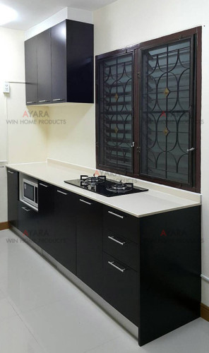 ชุดครัว Built-in ตู้ล่าง โครงซีเมนต์บอร์ด หน้าบาน Melamine สีโอ๊คดำ