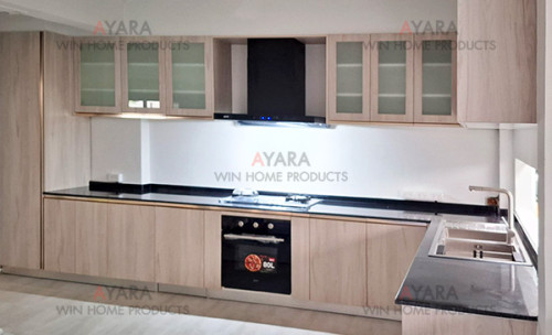 ชุดครัว Built-in โครงซีเมนต์บอร์ด หน้าบาน Laminate สี Kitami Ruster ลายไม้ 2