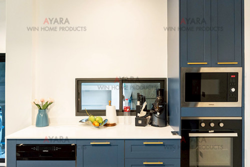 ชุดครัว Built-in โครงซีเมนต์บอร์ด หน้าบาน Hi Gloss สีครามฟ้าอ่อน ยกขอบ - ม.Bangkok Boulevard 1