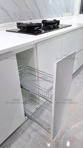 ชุดครัว Built-in โครงซีเมนต์บอร์ด หน้าบาน Melamine สี Nordic Maple + ขาว 6