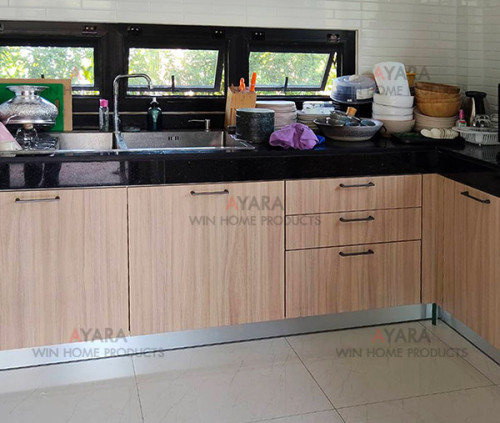 ชุดครัว Built-in โครงซีเมนต์บอร์ด หน้าบาน Melamine 5017-17 สีลายไม้ 1