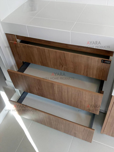 ชุดครัว Built-in โครงซีเมนต์บอร์ด หน้าบาน Laminate สี Spice Maple - ม.ชัยพฤกษ์ 5