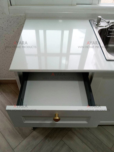 ชุดครัว Built-in โครงซีเมนต์บอร์ด หน้าบาน PVC สีขาวด้าน เซาะร่อง 5