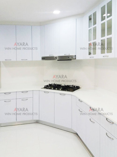 ชุดครัว Built-in ตู้ล่าง โครงซีเมนต์บอร์ด หน้าบาน PVC สีขาวด้าน เซาะร่อง Valencia 6