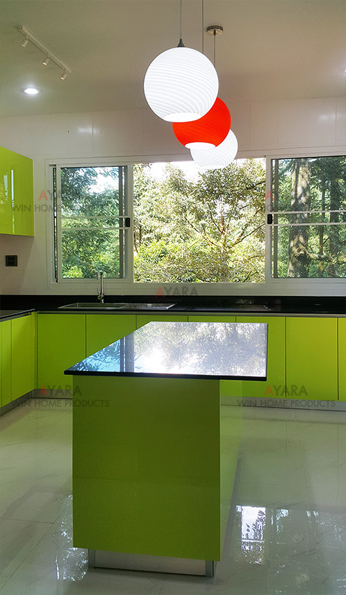 ชุดครัว Built-in ตู้ล่าง โครงซีเมนต์บอร์ด หน้าบาน Acrylic สีเขียวอ่อน 7