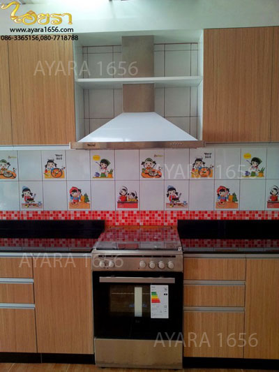 ชุดครัว Built-in ตู้ล่าง โครงซีเมนต์บอร์ด หน้าบาน Melamine สี Jamiaca Teak ลายไม้แนวนอน 1