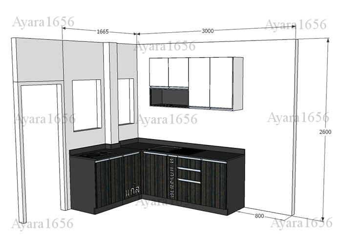 ชุดครัว Built-in ตู้ล่าง โครงซีเมนต์บอร์ด หน้าบาน Laminate สี Ebano ลายไม้ + PVC สีขาวเงา 2
