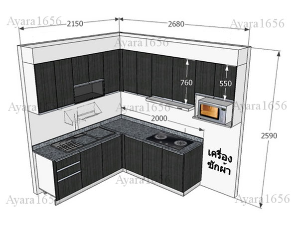 ชุดครัว Built-in ตู้ล่าง โครงซีเมนต์บอร์ด หน้าบาน Acrylic สีดำ ลายไม้ - ม.Pruksa Town Serenity 6