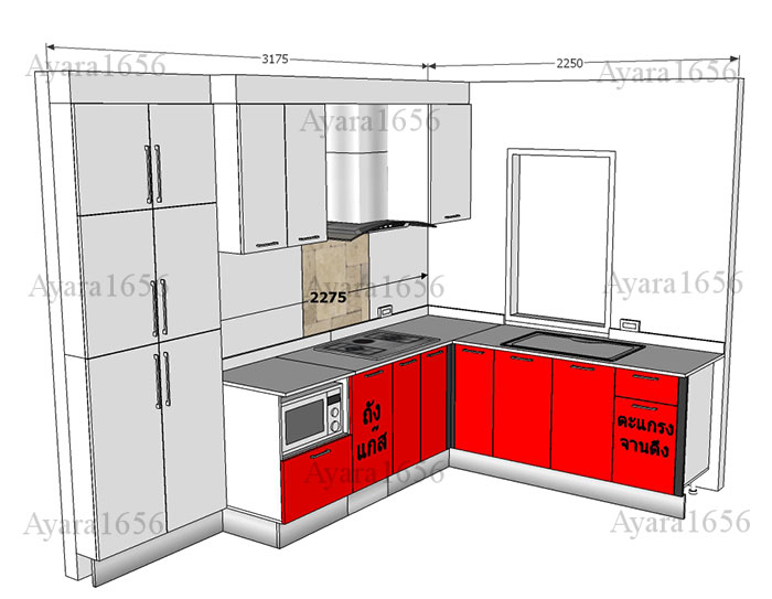ชุดครัว Built-in ตู้ล่าง โครงซีเมนต์บอร์ด หน้าบาน Acrylic สีแดง + ขาว - ม.ภัสสร เพรจทีจ 5