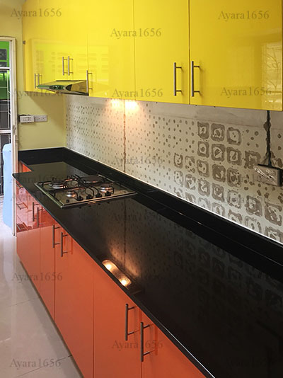 ชุดครัว Built-in ตู้ล่าง โครงซีเมนต์บอร์ด หน้าบาน PVC สีส้ม + เหลือง 1