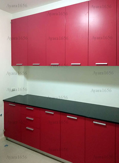 ชุดครัว Built-in ตู้ล่าง โครงซีเมนต์บอร์ด หน้าบาน Melamine สีแดงด้าน