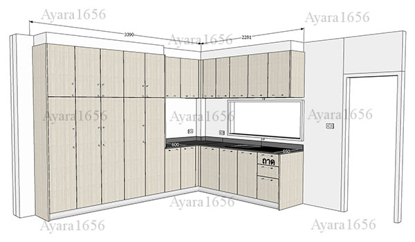 ชุดครัว Built-in ตู้ล่าง โครงซีเมนต์บอร์ด หน้าบาน Melamine สี White Pine ลายไม้