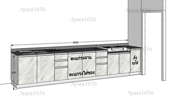 ชุดครัว Built-in ตู้ล่าง โครงซีเมนต์บอร์ด หน้าบาน Melamine สี Marble ลายหินอ่อน 4