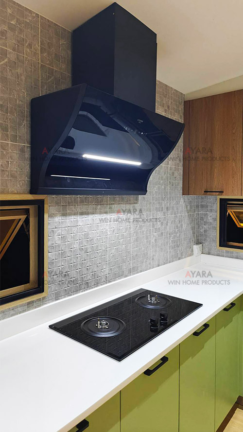 ชุดครัว Built-in โครงซีเมนต์บอร์ด หน้าบาน Hi Gloss สีเขียวด้าน + Laminate สี Coffee Oak 1