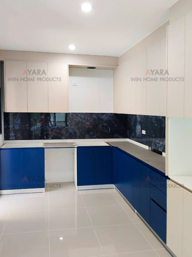 ชุดครัว Built-in โครงซีเมนต์บอร์ด หน้าบาน Laminate สี Sea Blue + TNK 4222-11